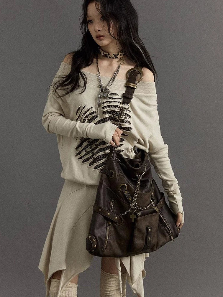 Vintage Punk Shoulder Bag With Chains & Studs For Women