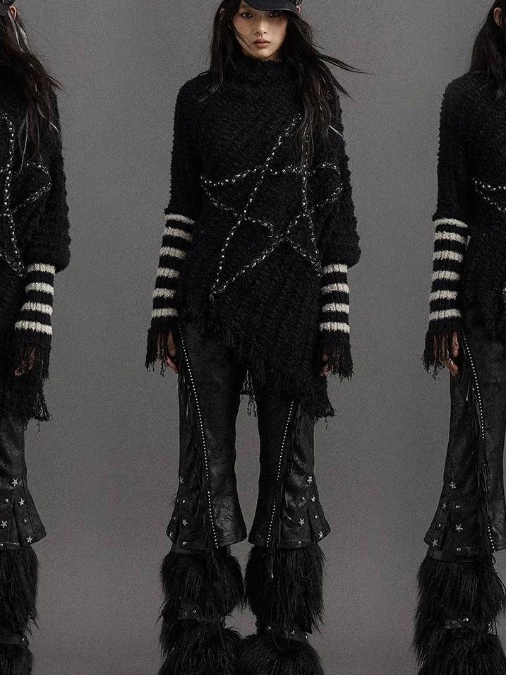 Vintage Punk Star Striped Loose Knit Sweater Women