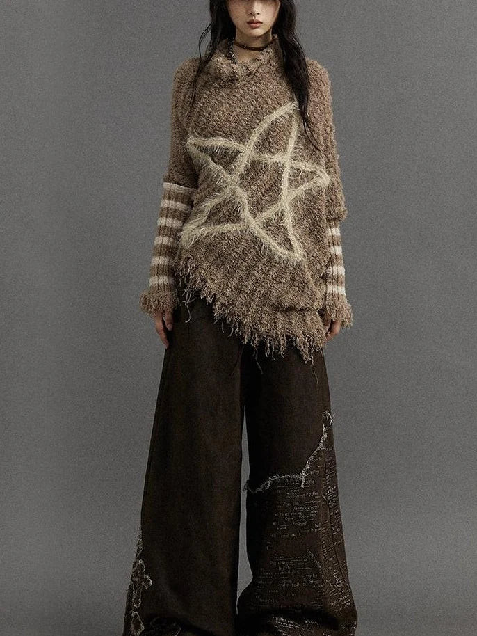 Vintage Punk Star Striped Loose Knit Sweater Women