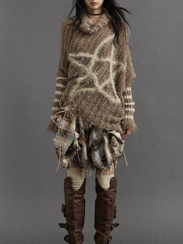 Vintage Punk Star Striped Loose Knit Sweater Women