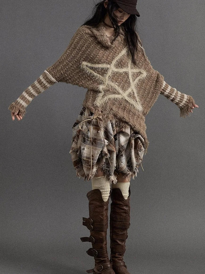 Vintage Punk Star Striped Loose Knit Sweater Women