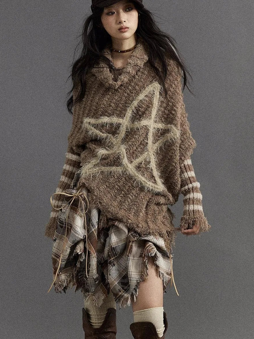 Vintage Punk Star Striped Loose Knit Sweater Women