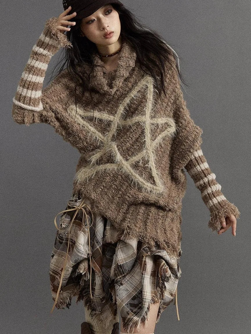 Vintage Punk Star Striped Loose Knit Sweater Women