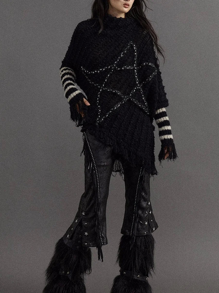 Vintage Punk Star Striped Loose Knit Sweater Women