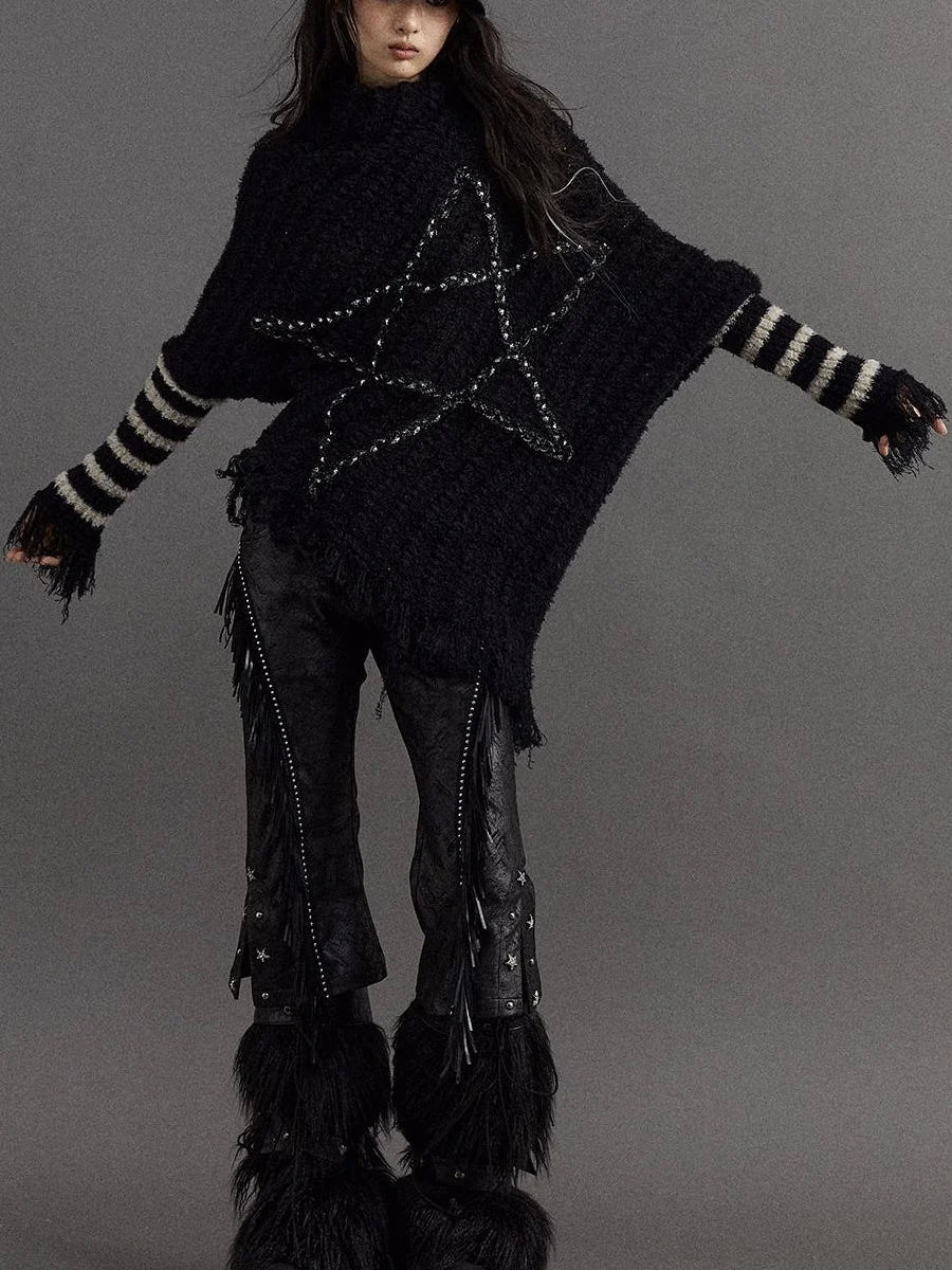Vintage Punk Star Striped Loose Knit Sweater Women