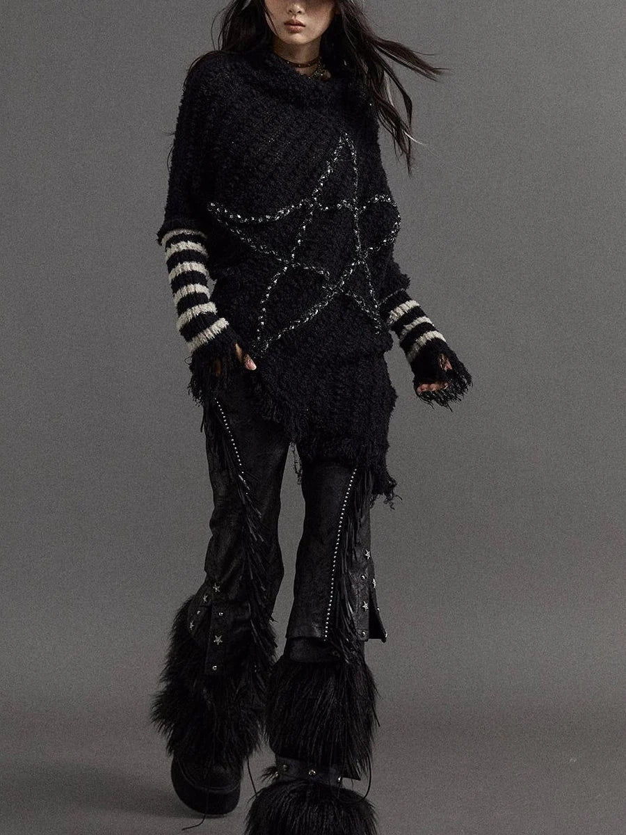 Vintage Punk Star Striped Loose Knit Sweater Women