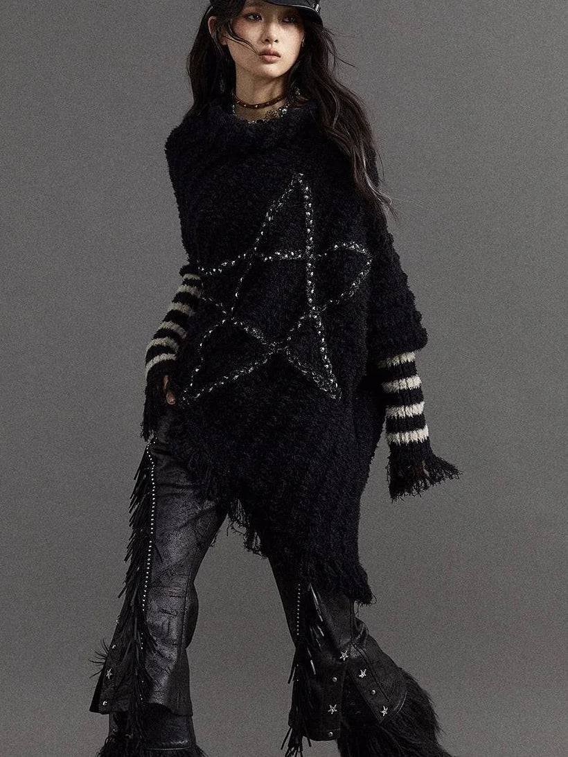 Vintage Punk Star Striped Loose Knit Sweater Women