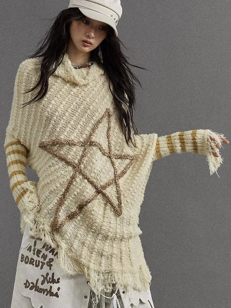 Vintage Punk Star Striped Loose Knit Sweater Women