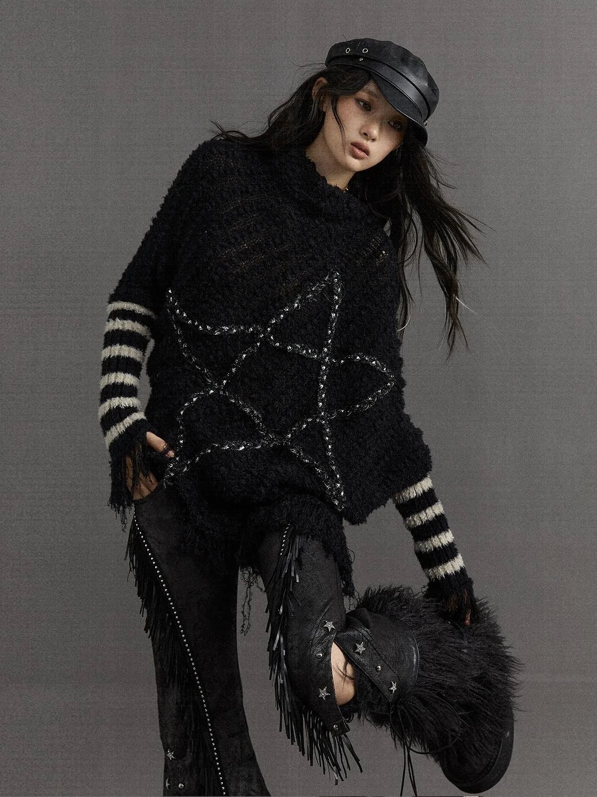 Vintage Punk Star Striped Loose Knit Sweater Women