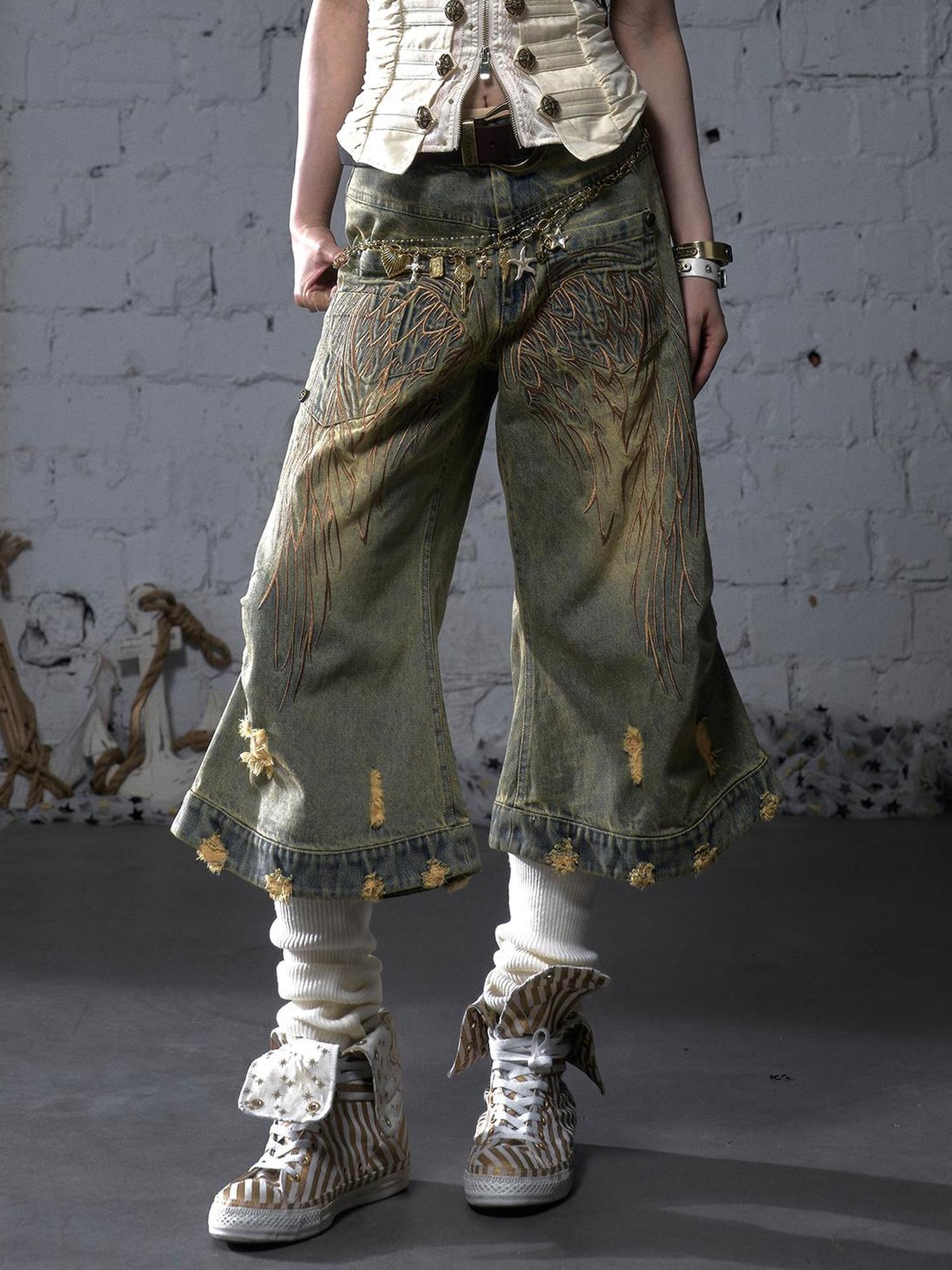 NO ROMANCE Vintage Punk Street Distressed Embroidered Wide Leg Cropped Jeans