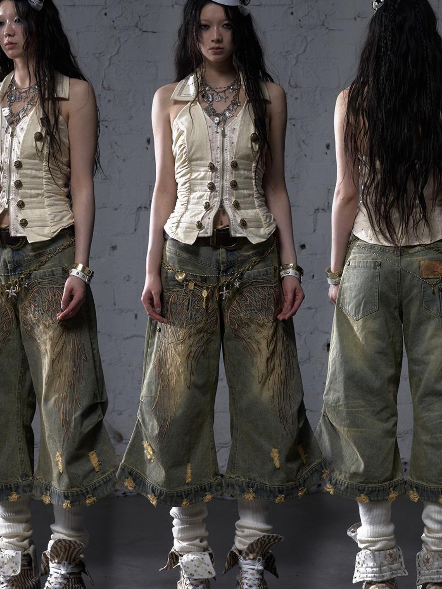 NO ROMANCE Vintage Punk Street Distressed Embroidered Wide Leg Cropped Jeans