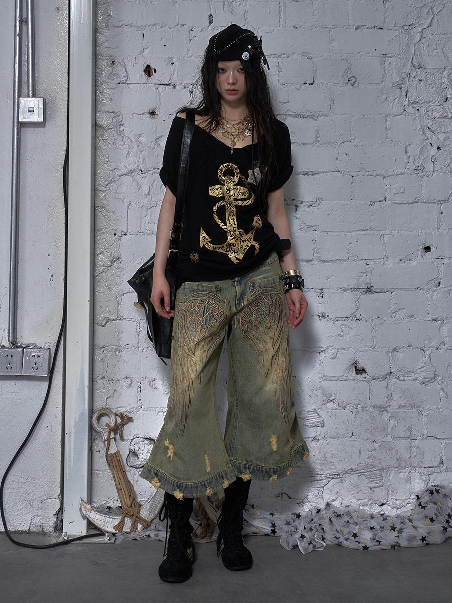NO ROMANCE Vintage Punk Street Distressed Embroidered Wide Leg Cropped Jeans