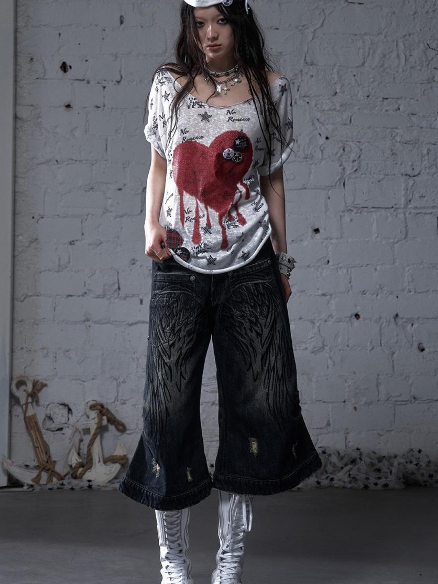 NO ROMANCE Vintage Punk Street Distressed Embroidered Wide Leg Cropped Jeans