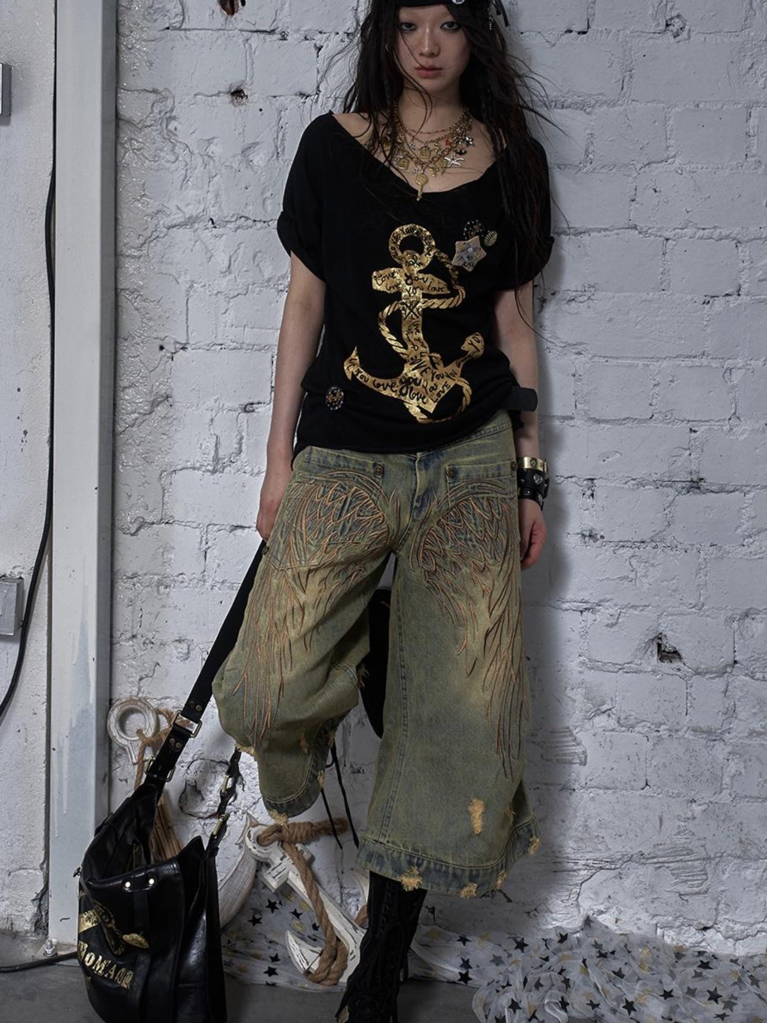 NO ROMANCE Vintage Punk Street Distressed Embroidered Wide Leg Cropped Jeans