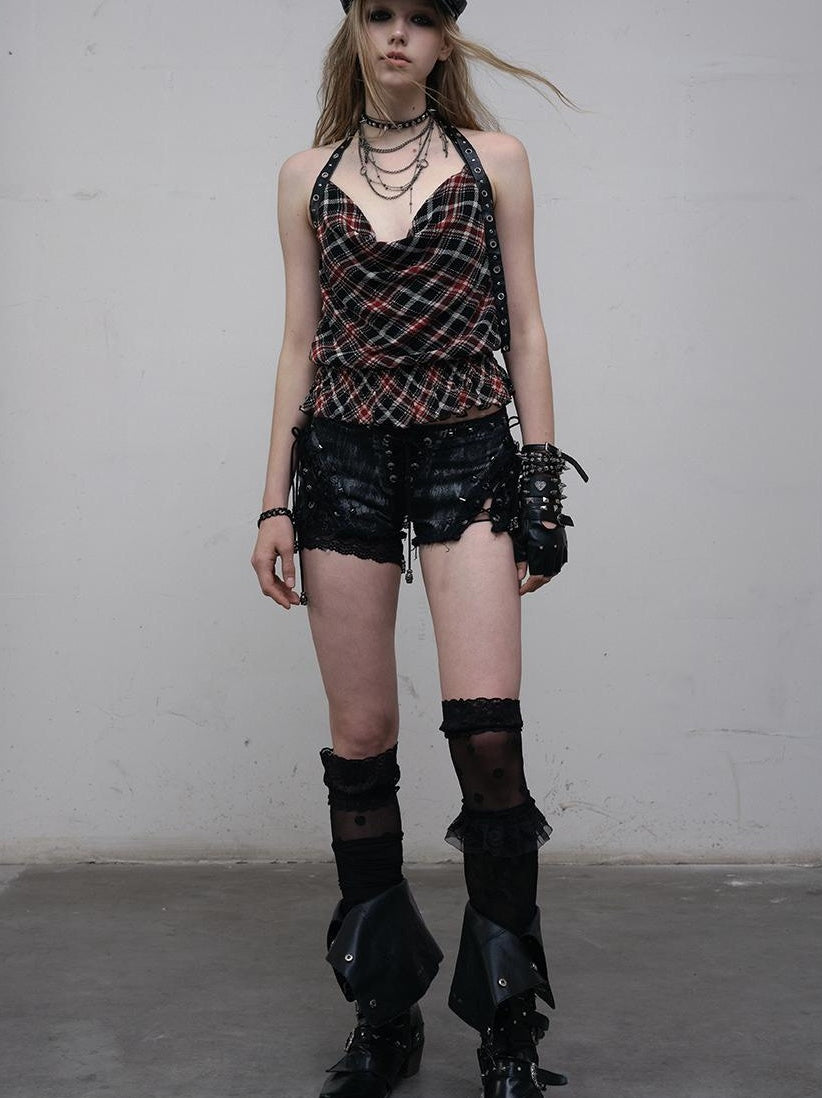 NO ROMANCE Vintage Punk Street Grunge Distressed Low-Rise Shorts