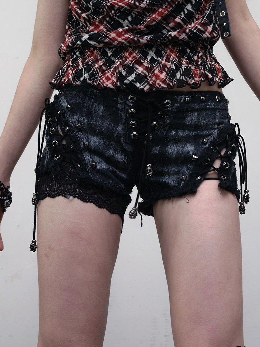 NO ROMANCE Vintage Punk Street Grunge Distressed Low-Rise Shorts