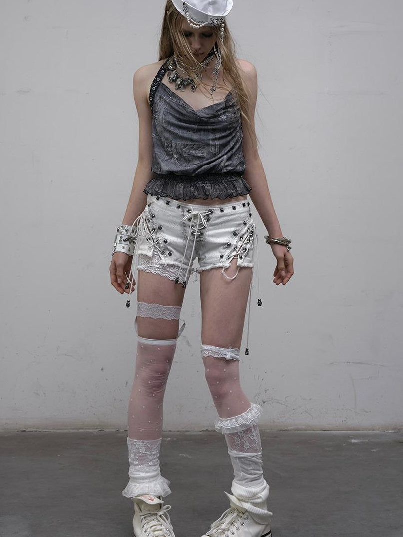 NO ROMANCE Vintage Punk Street Grunge Distressed Low-Rise Shorts