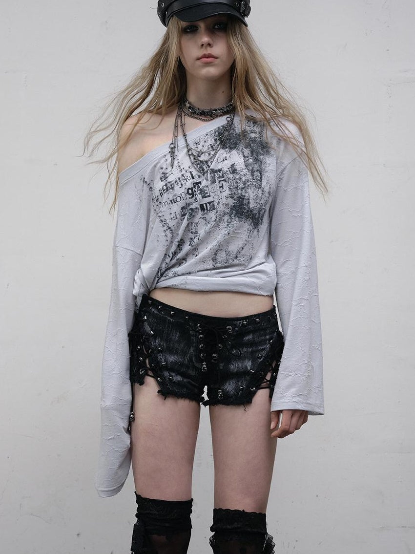 NO ROMANCE Vintage Punk Street Grunge Distressed Low-Rise Shorts