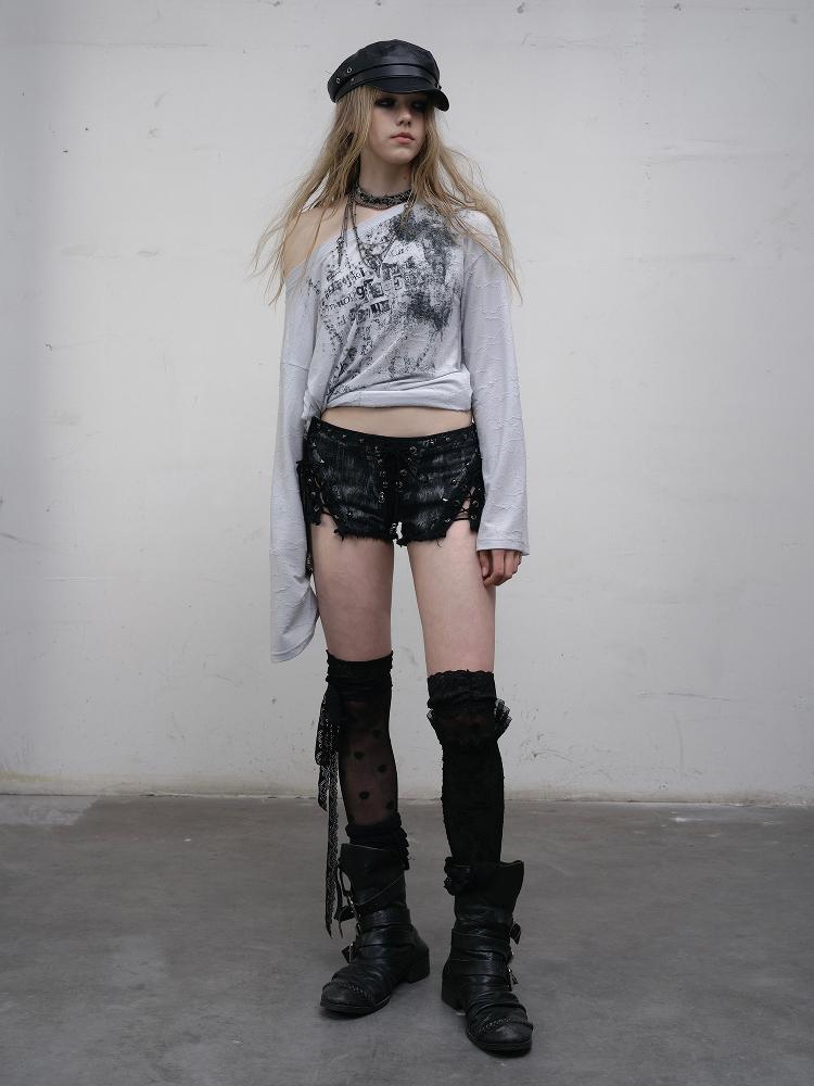 NO ROMANCE Vintage Punk Street Grunge Distressed Low-Rise Shorts
