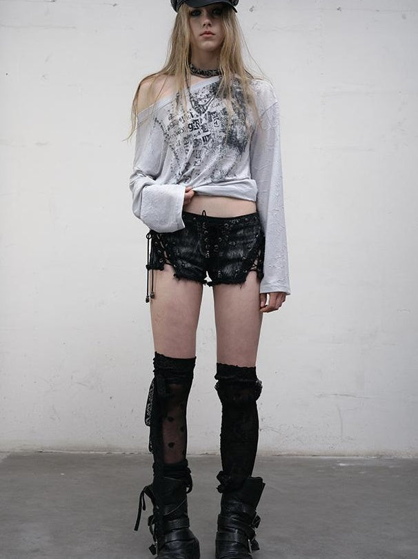 NO ROMANCE Vintage Punk Street Grunge Distressed Low-Rise Shorts