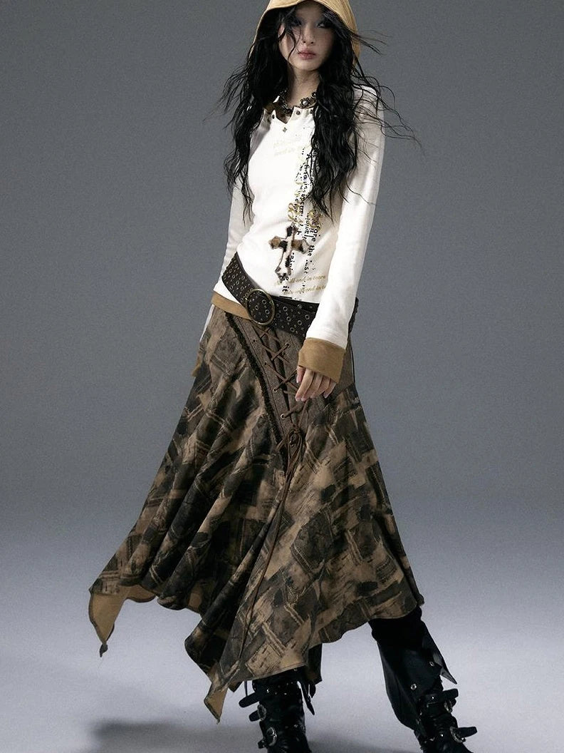 Vintage Punk Street Print Hooded Slim Knit Top