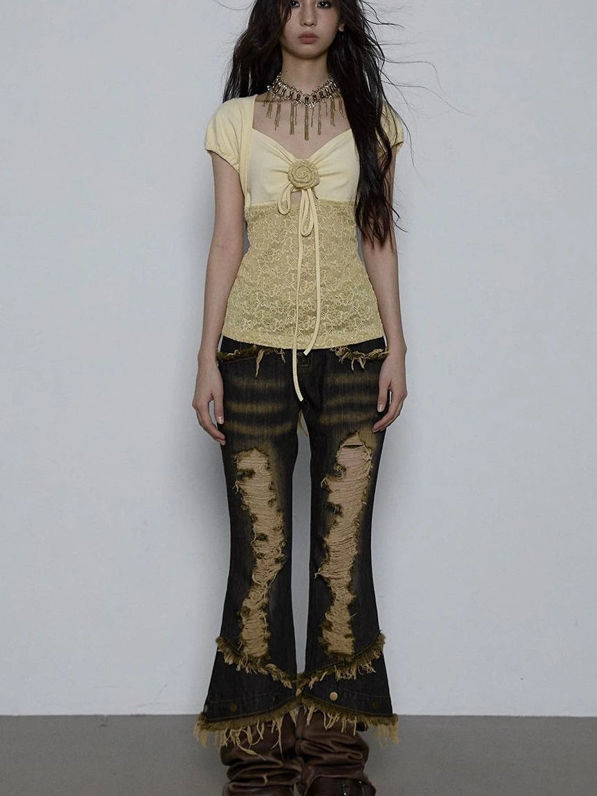Vintage Pure Sexy Beaded Reversible Lace Knit Bubble Sleeve T-Shirt