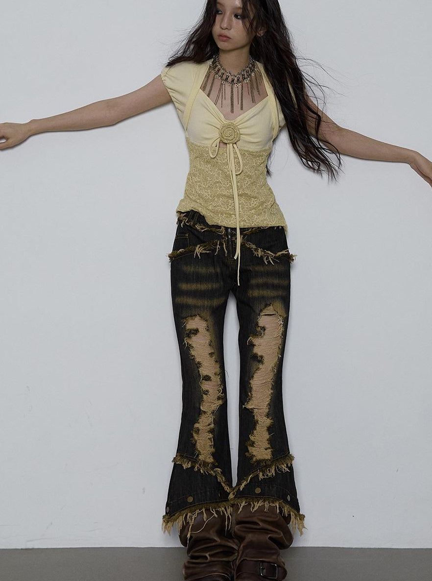 NO ROMANCE Vintage Pure Sexy Beaded Reversible Lace Knit Bubble Sleeve T-Shirt