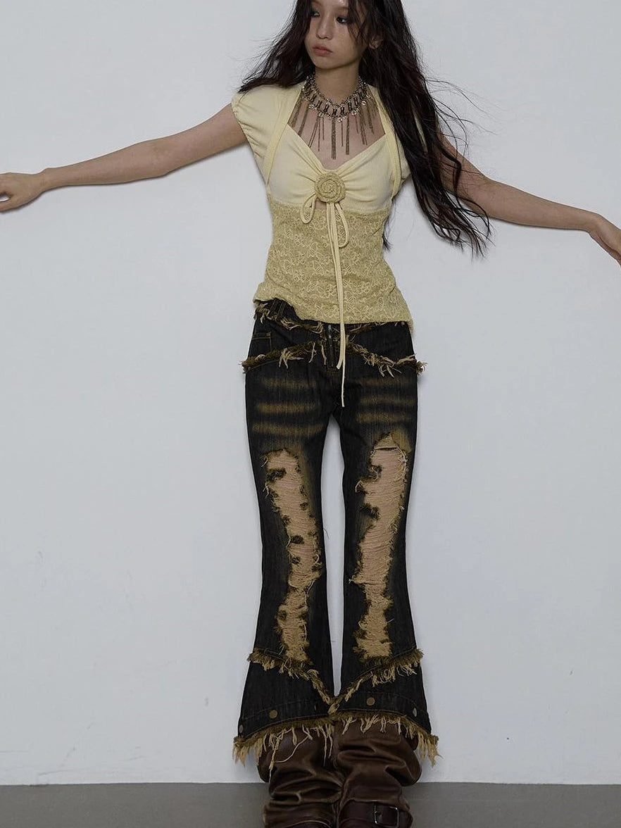 Vintage Pure Sexy Beaded Reversible Lace Knit Bubble Sleeve T-Shirt