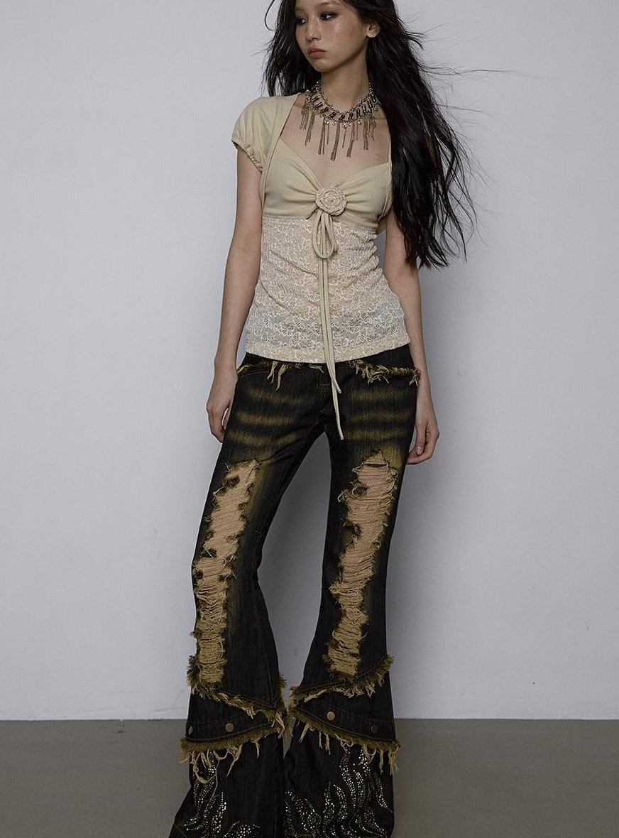 NO ROMANCE Vintage Pure Sexy Beaded Reversible Lace Knit Bubble Sleeve T-Shirt