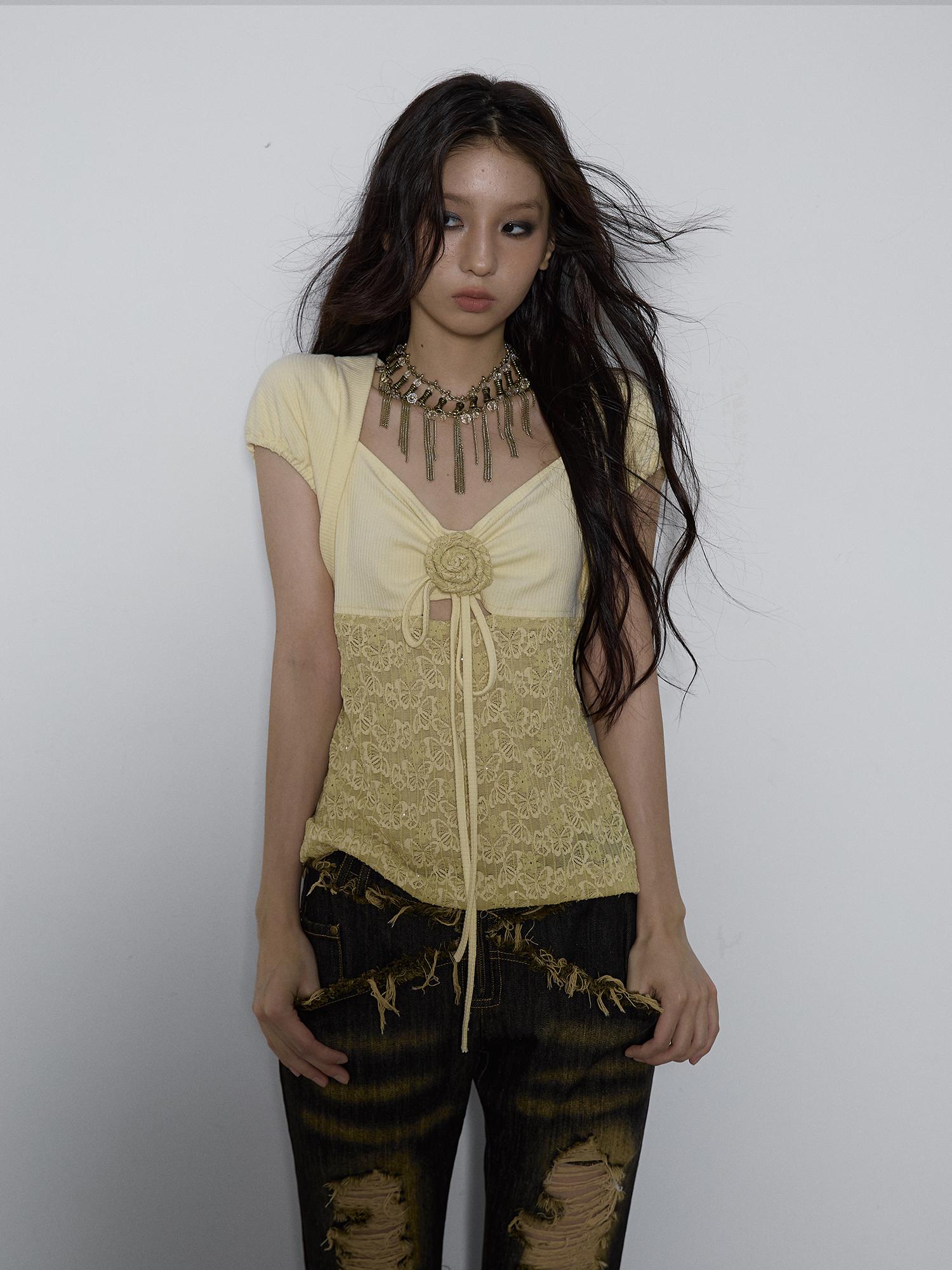 NO ROMANCE Vintage Pure Sexy Beaded Reversible Lace Knit Bubble Sleeve T-Shirt