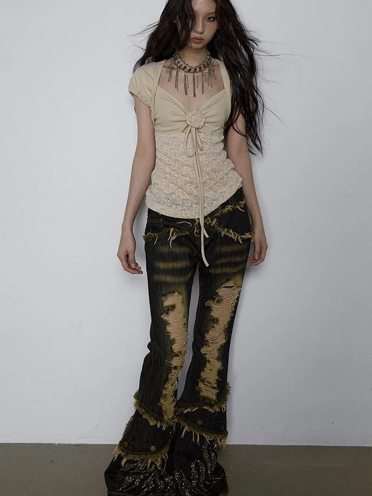 Vintage Pure Sexy Beaded Reversible Lace Knit Bubble Sleeve T-Shirt