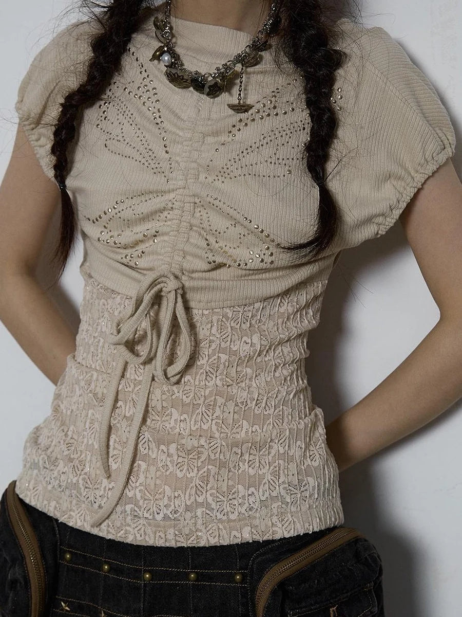 Vintage Pure Sexy Beaded Reversible Lace Knit Bubble Sleeve T-Shirt