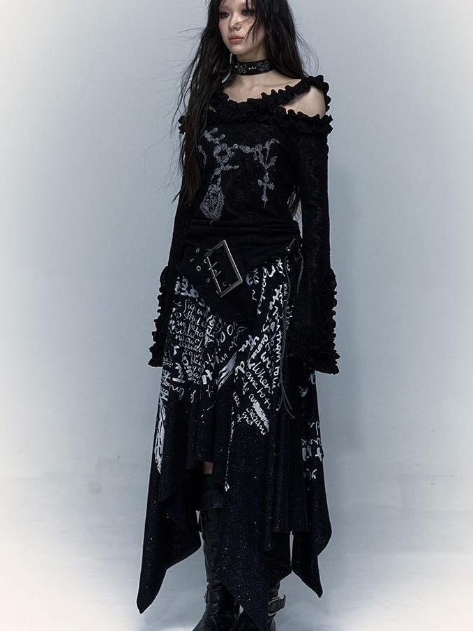 NO ROMANCE禁忌浪漫 Vintage Reversible Off-Shoulder Bell Sleeve Knit T-Shirt