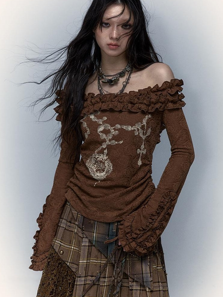 NO ROMANCE禁忌浪漫 Vintage Reversible Off-Shoulder Bell Sleeve Knit T-Shirt