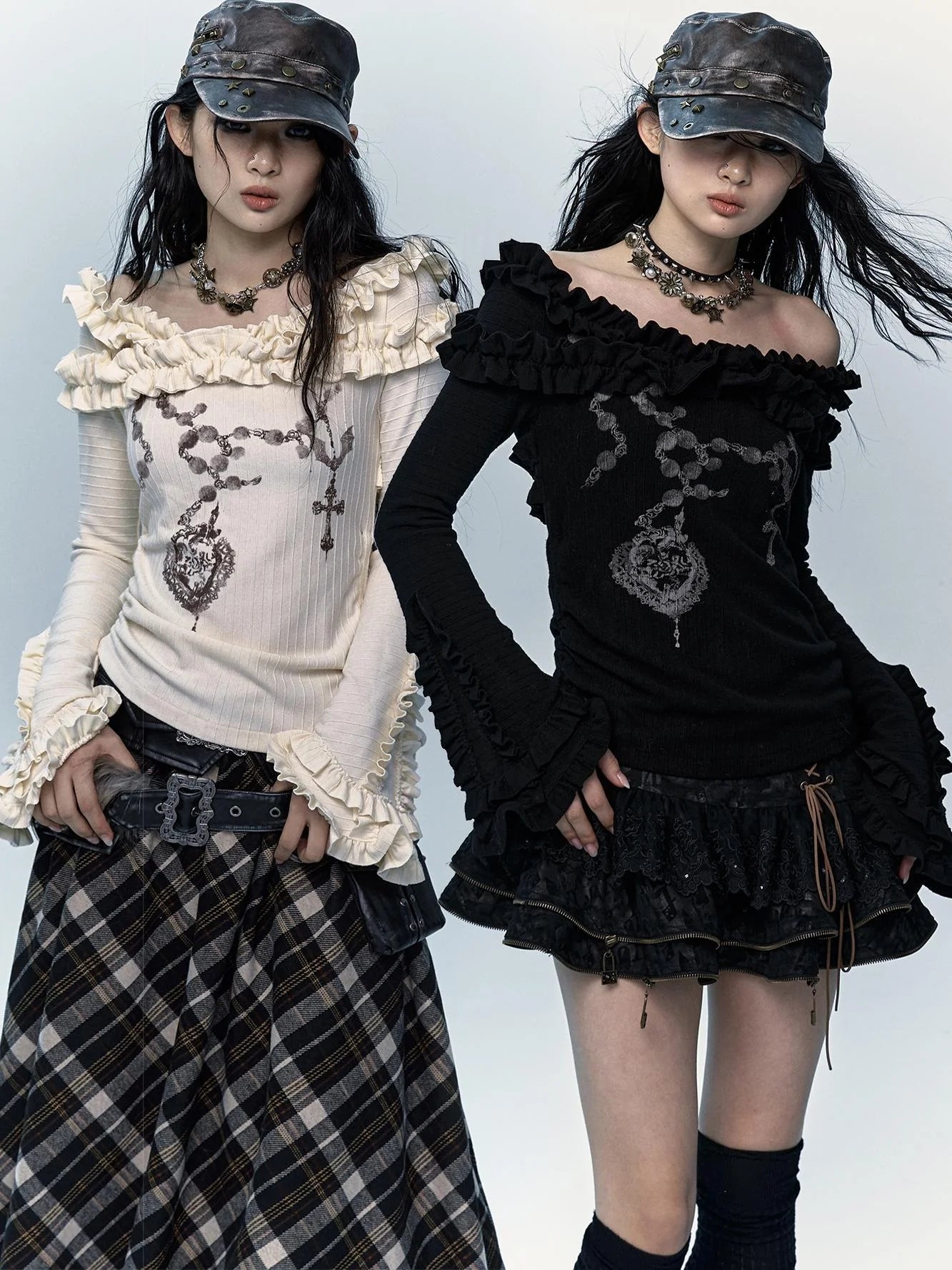 Vintage Reversible Off-Shoulder Bell Sleeve Knit T-Shirt