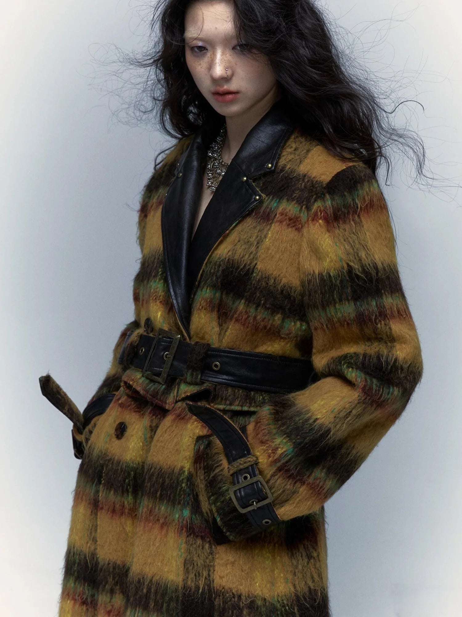 Vintage Reversible Plaid Leather Coat Long Wool Trench Coat