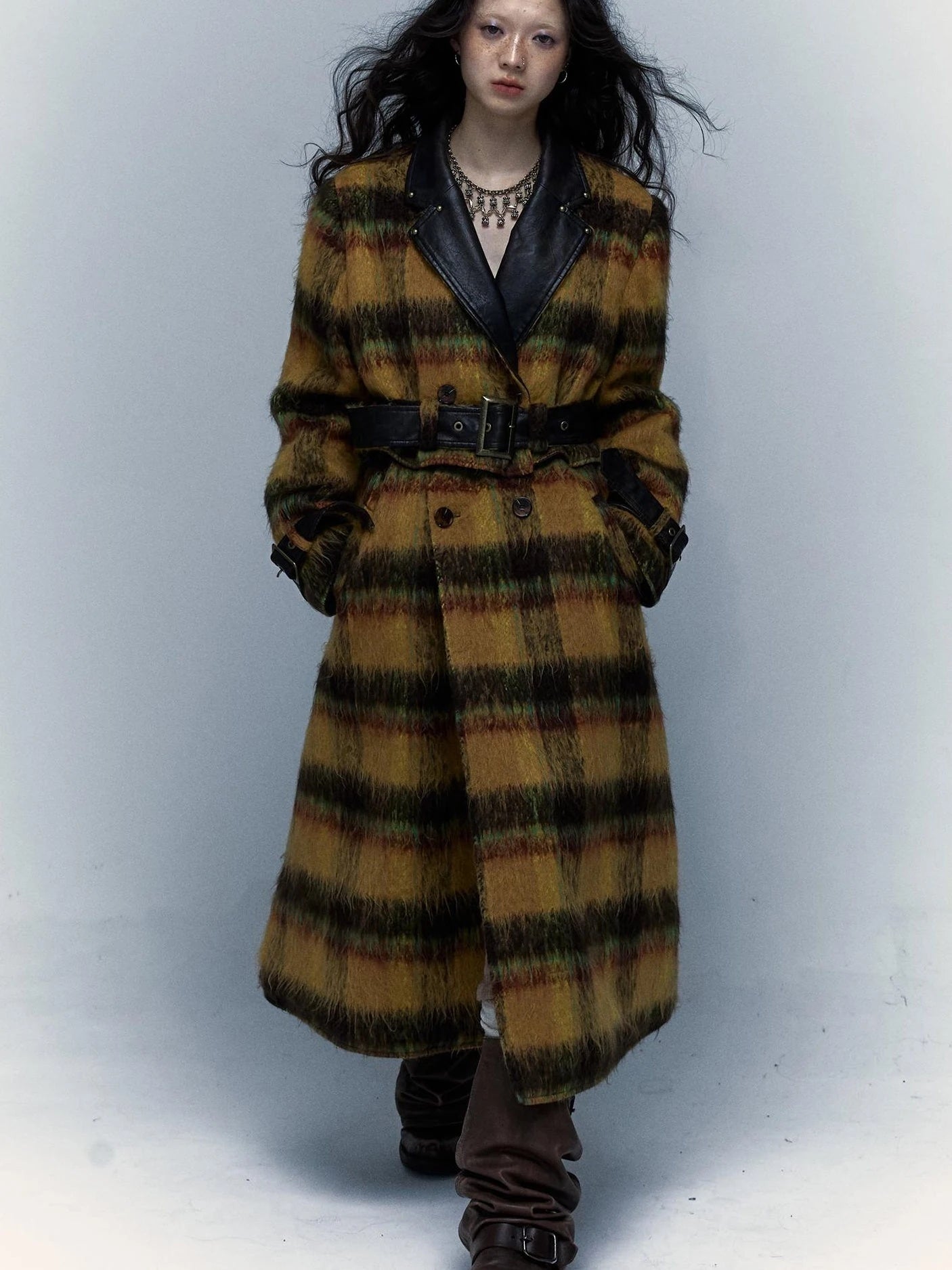 Vintage Reversible Plaid Leather Coat Long Wool Trench Coat