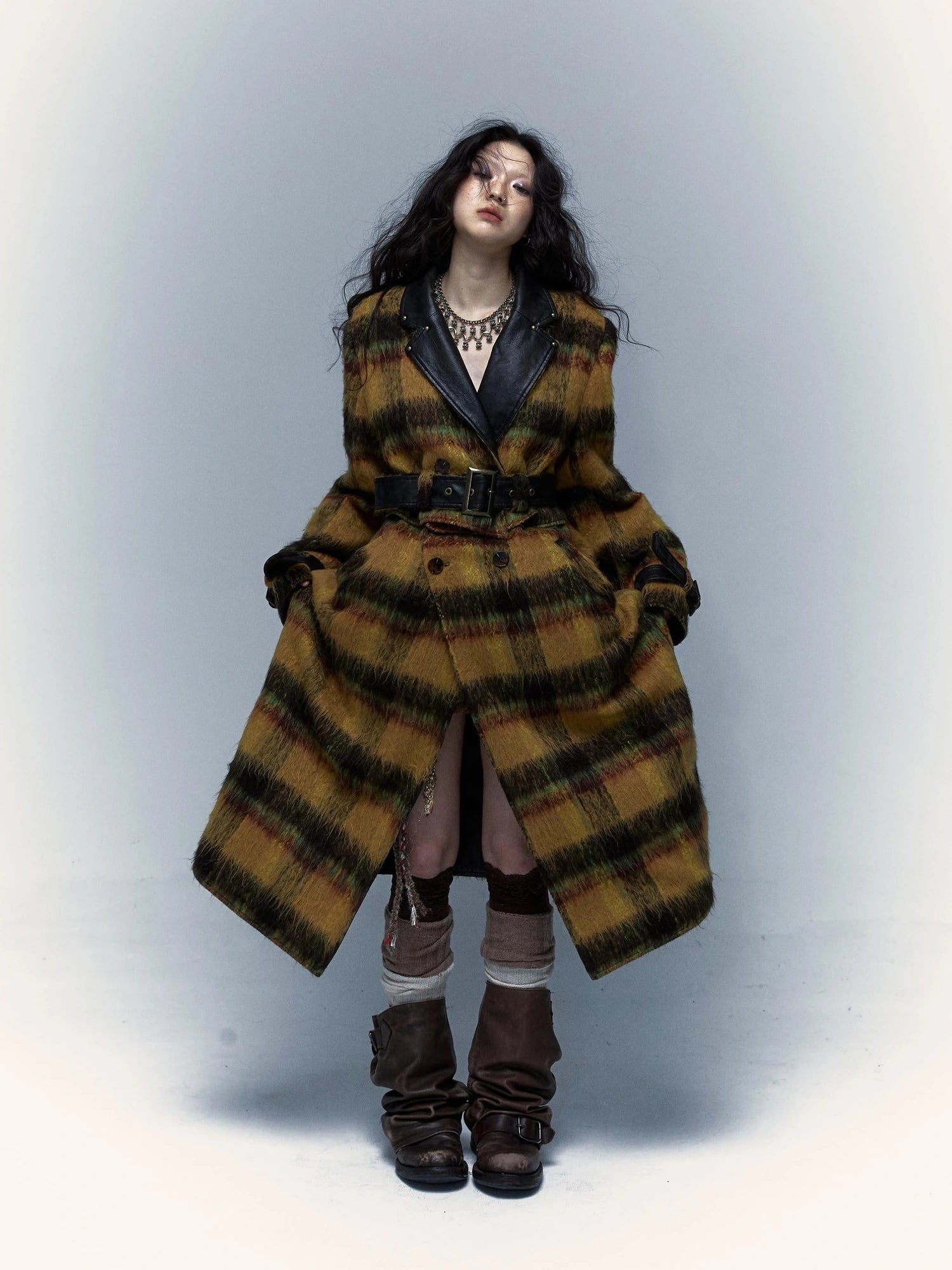 Vintage Reversible Plaid Leather Coat Long Wool Trench Coat