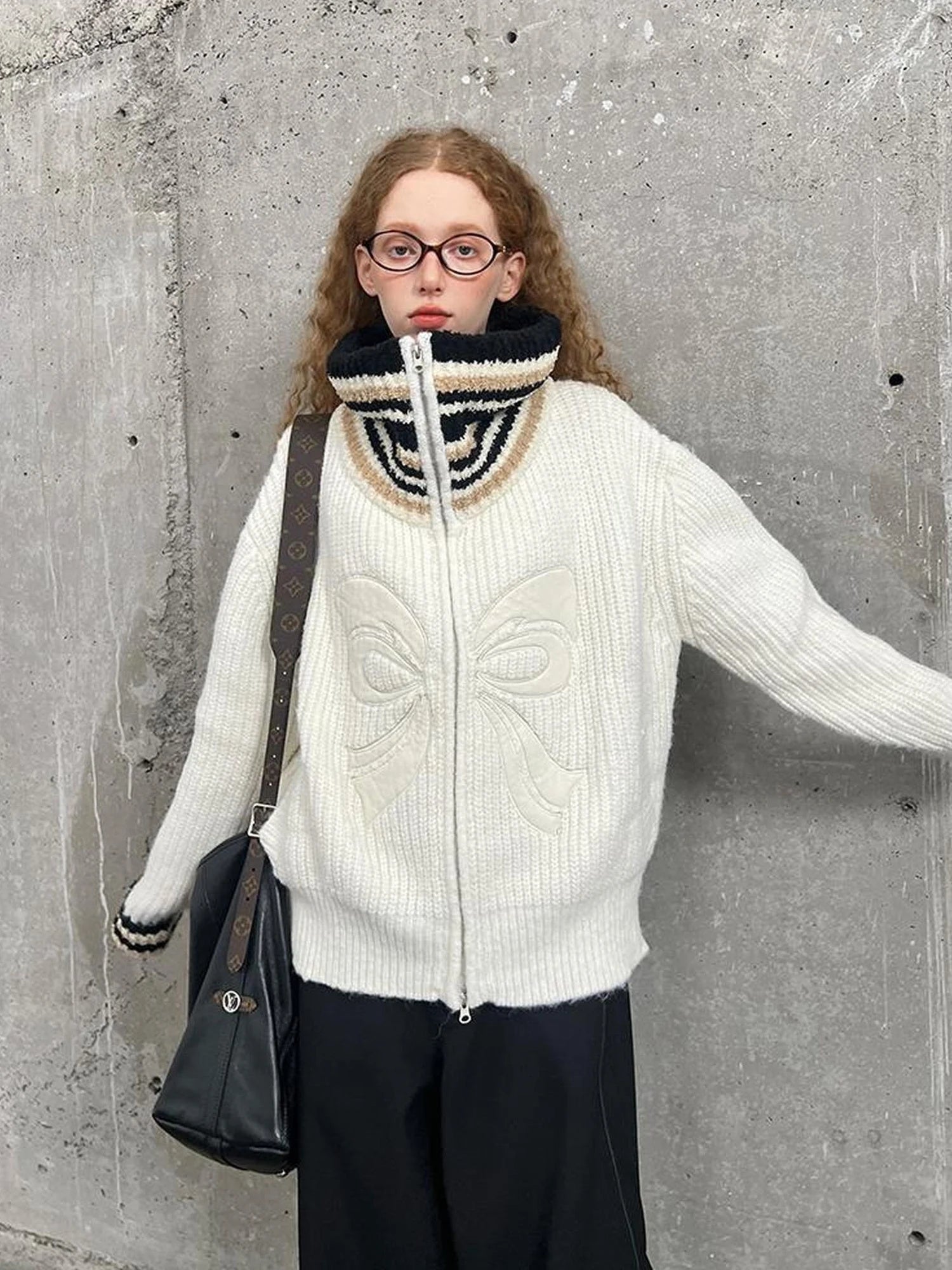 Vintage Ribbon Knot High Neck Knit Cardigan