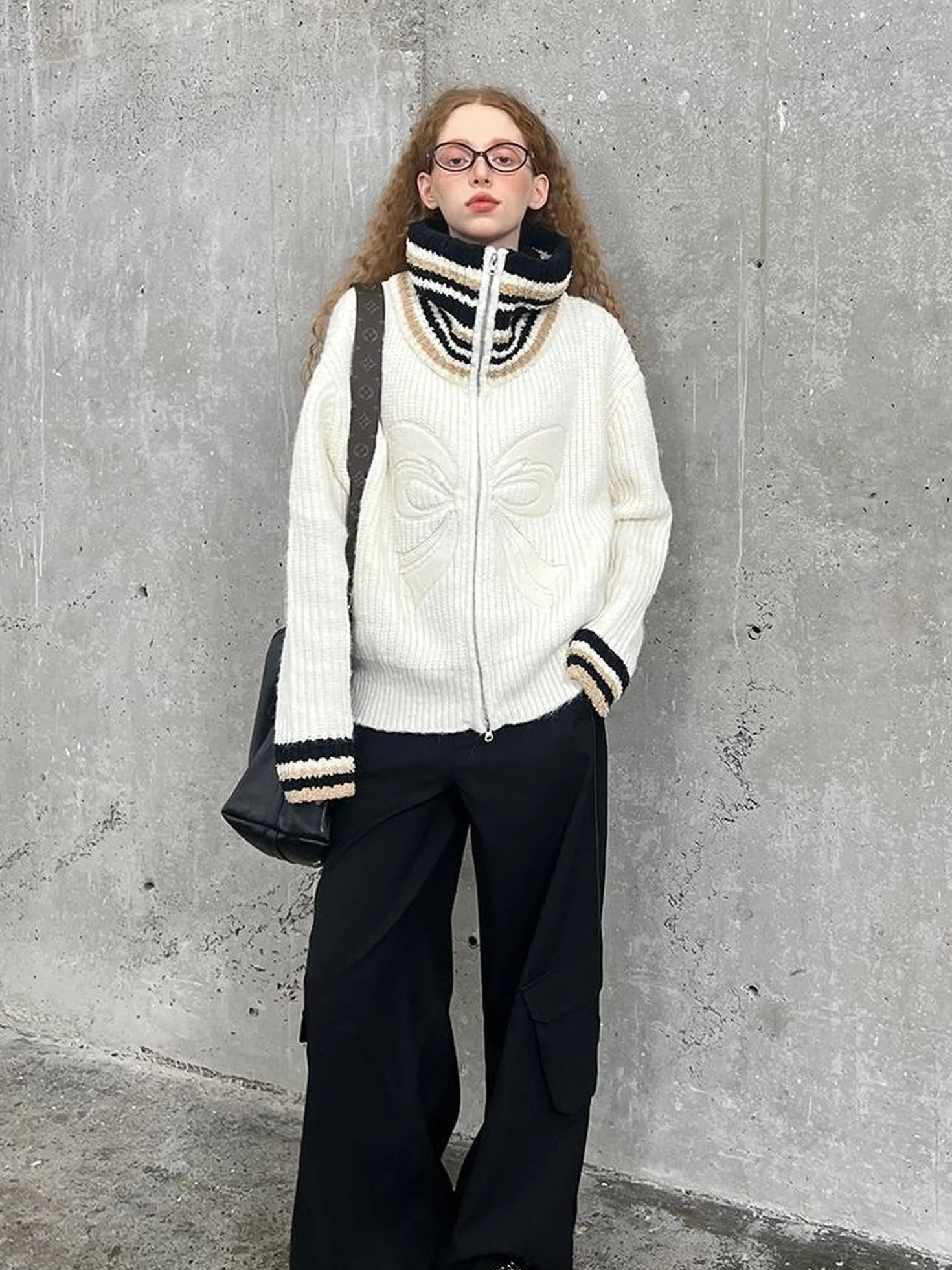 Vintage Ribbon Knot High Neck Knit Cardigan