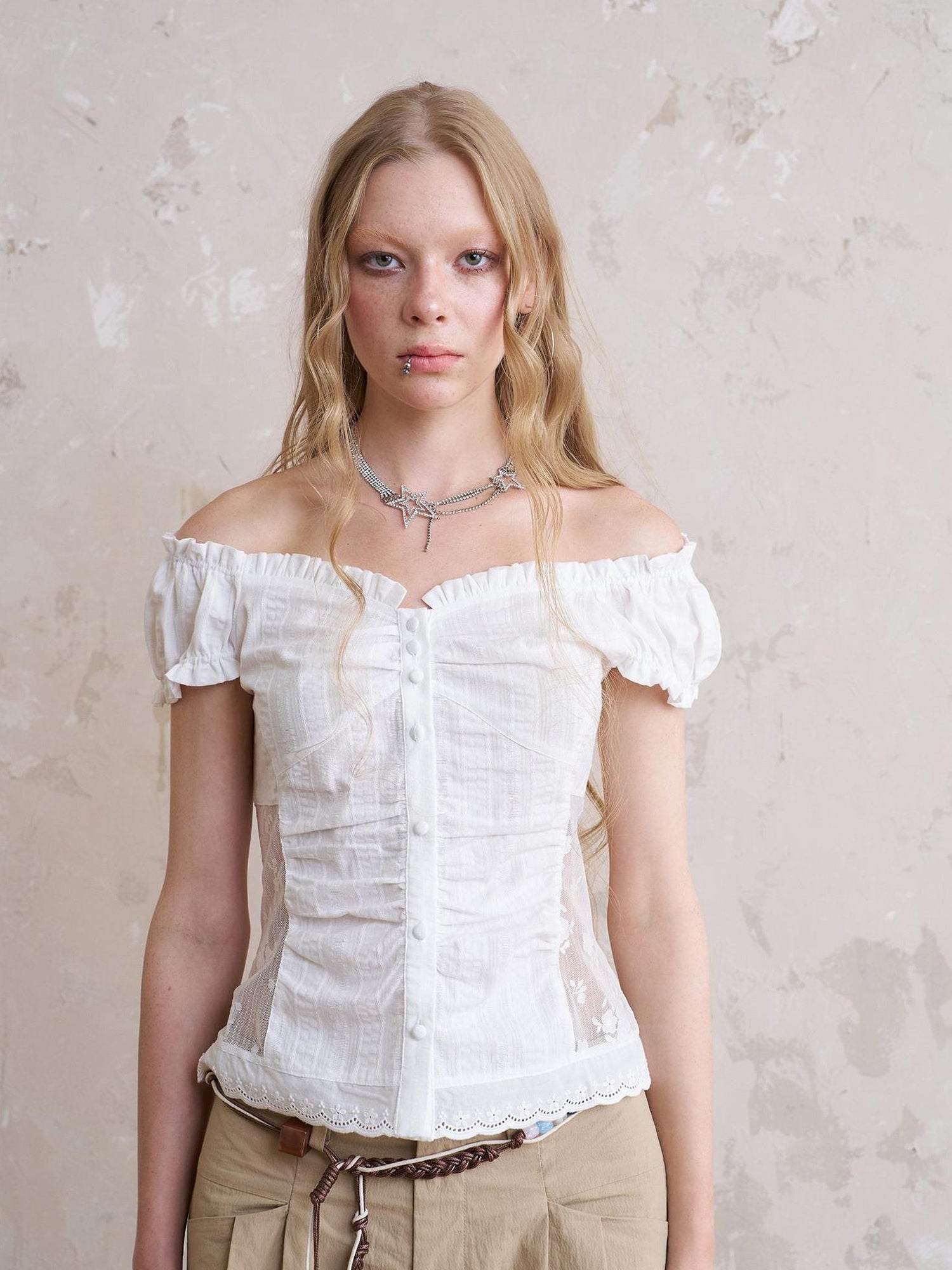 DIDDI MODA Vintage Romantic Lace Trim Cotton Blouse