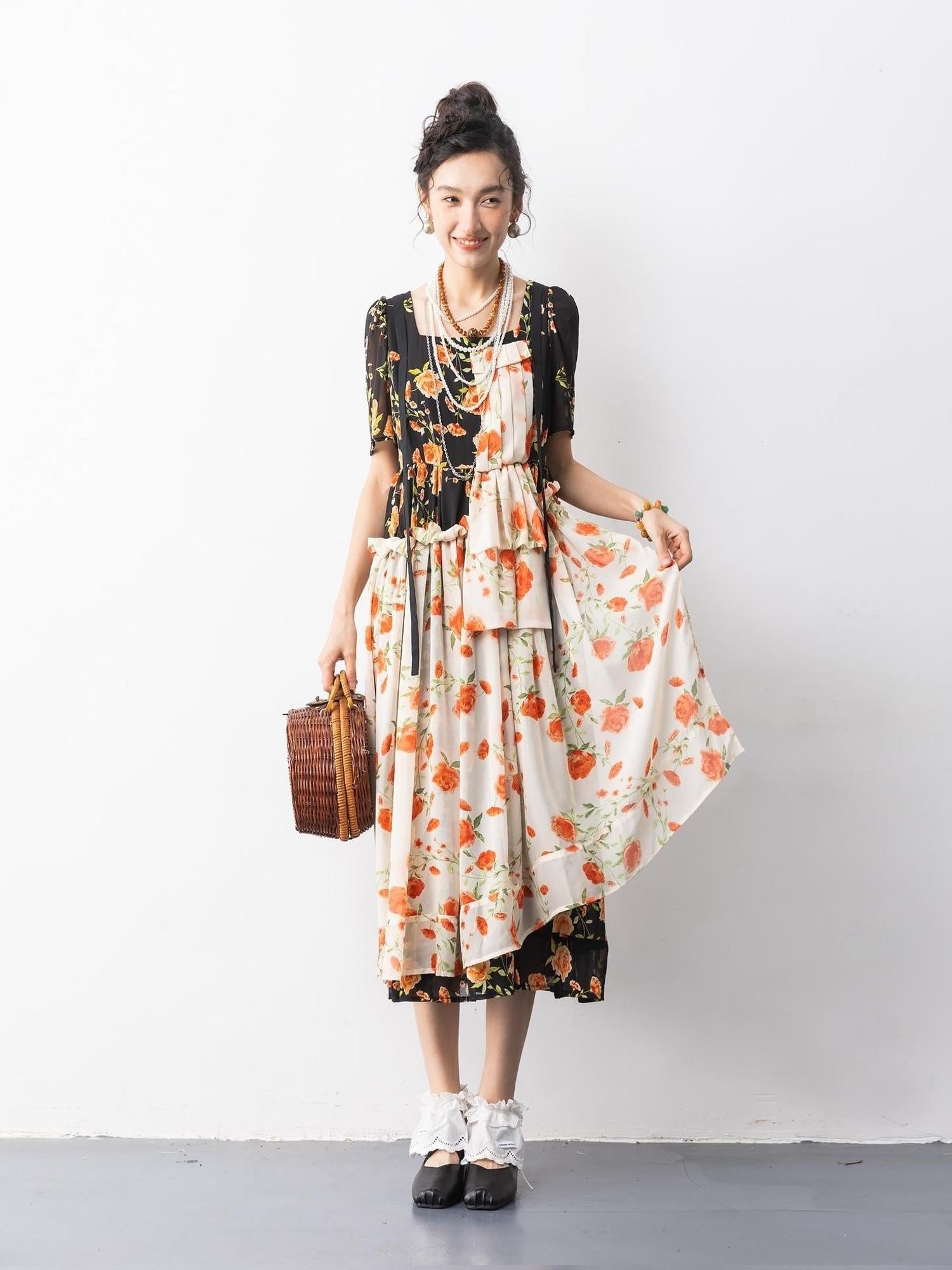 Sweet Mi Vintage Rose Chiffon Mini Dress