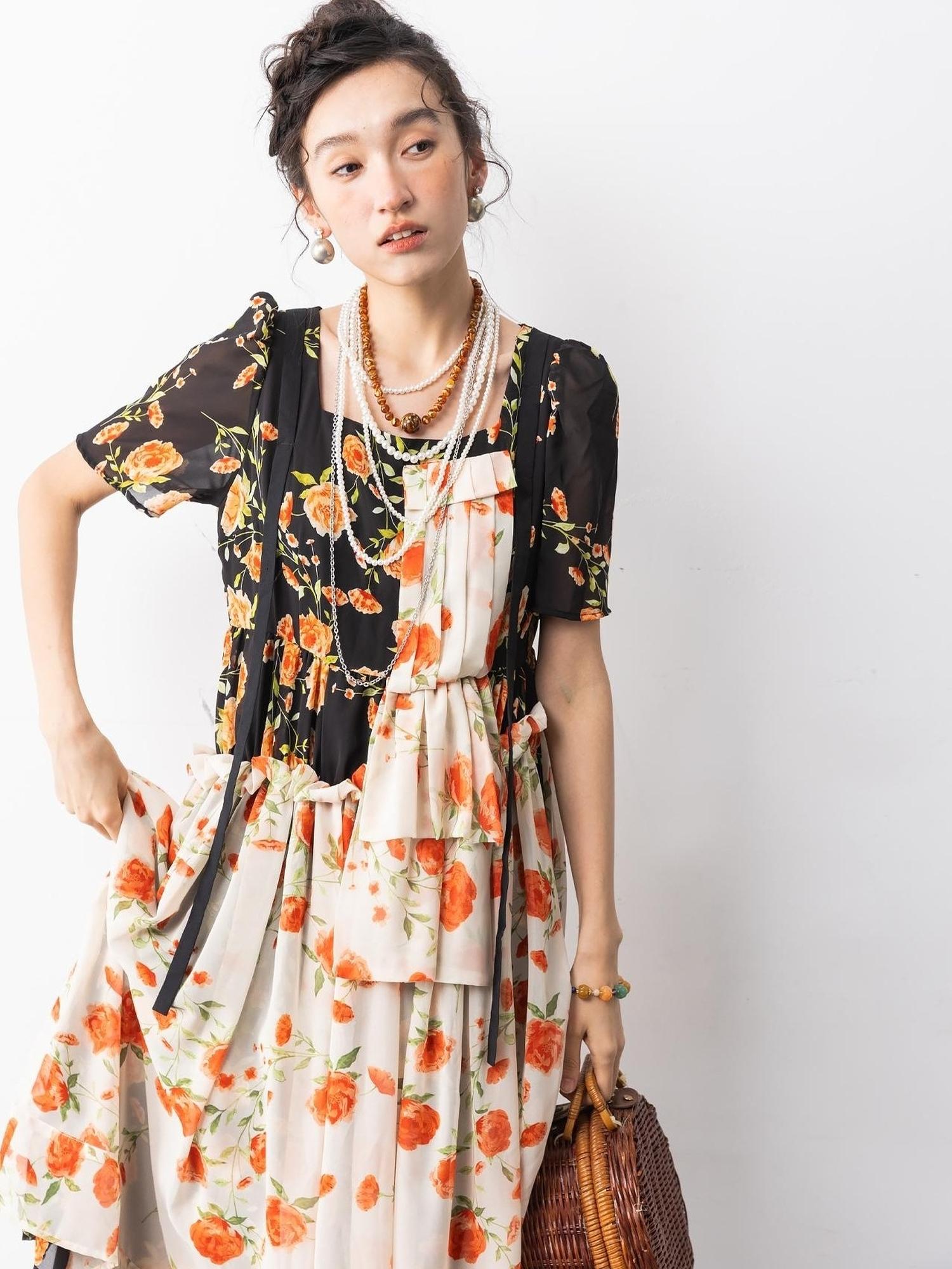 Sweet Mi Vintage Rose Chiffon Mini Dress