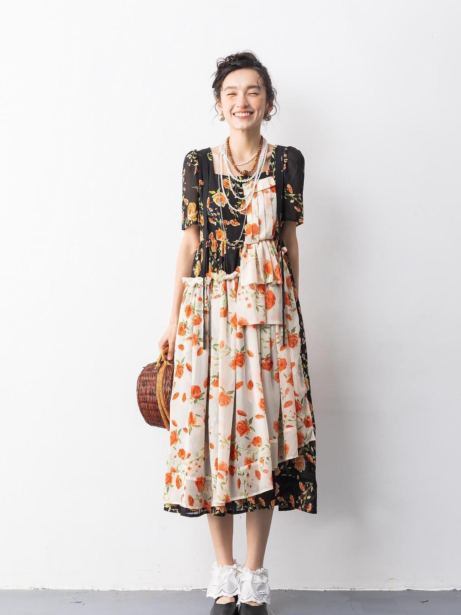 Sweet Mi Vintage Rose Chiffon Mini Dress