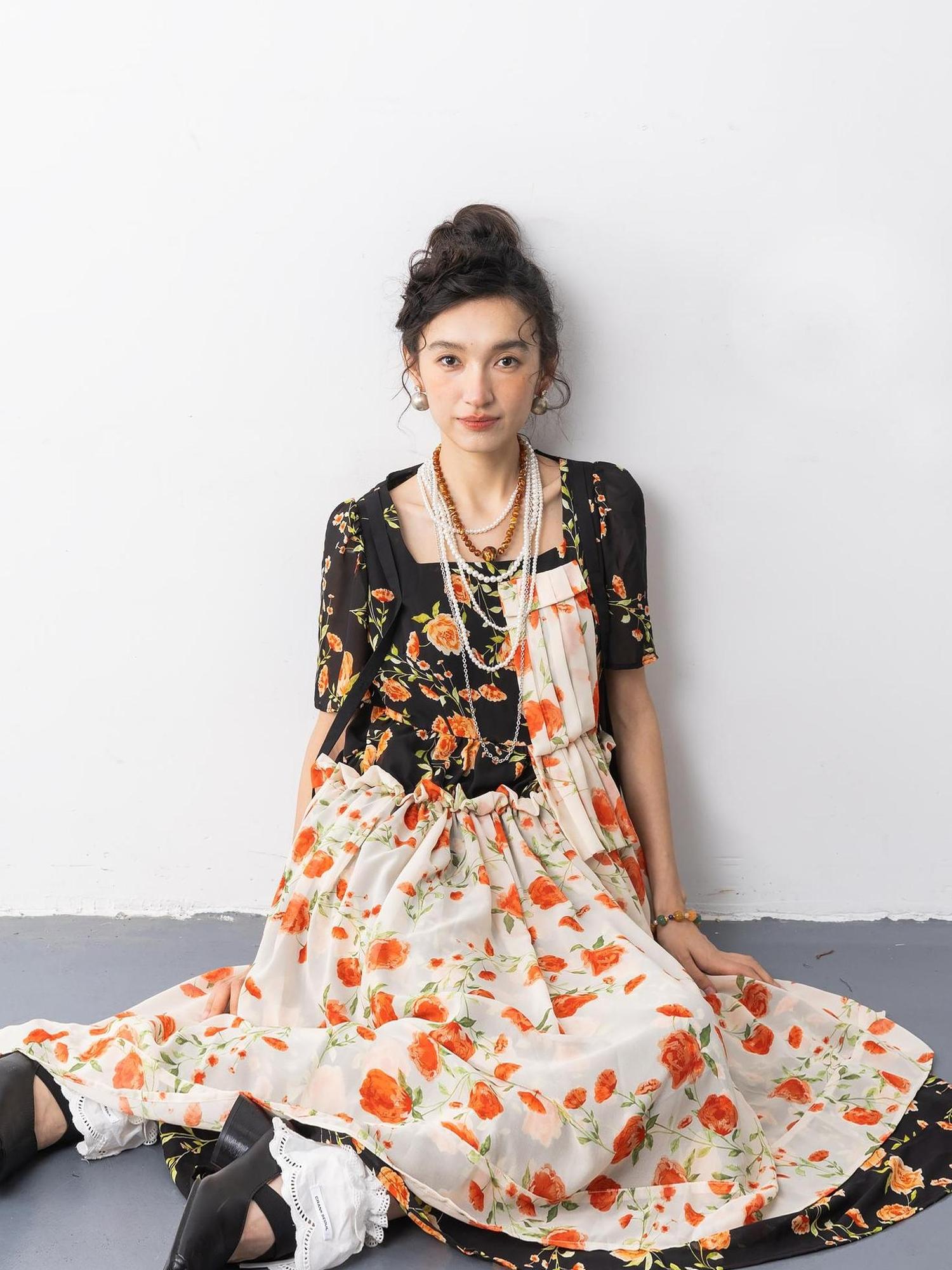 Sweet Mi Vintage Rose Chiffon Mini Dress