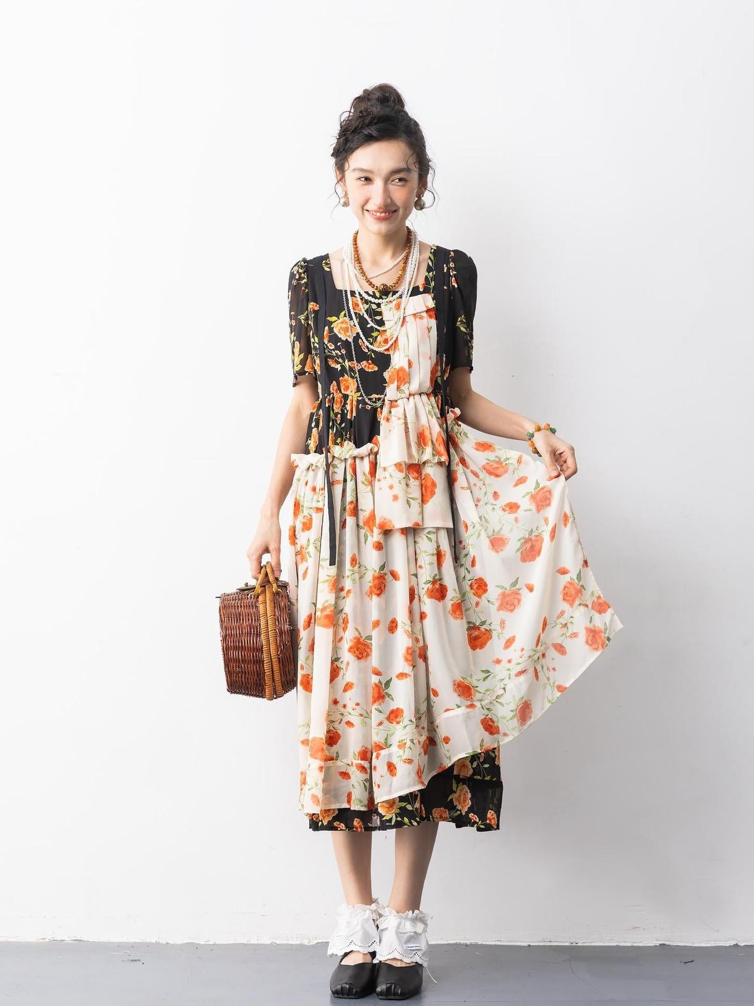 Sweet Mi Vintage Rose Chiffon Mini Dress