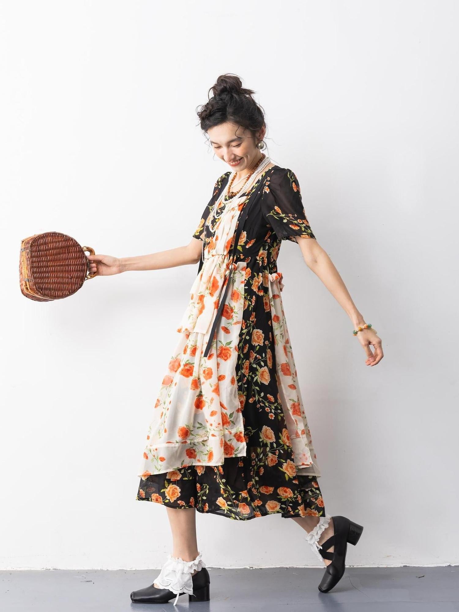 Sweet Mi Vintage Rose Chiffon Mini Dress