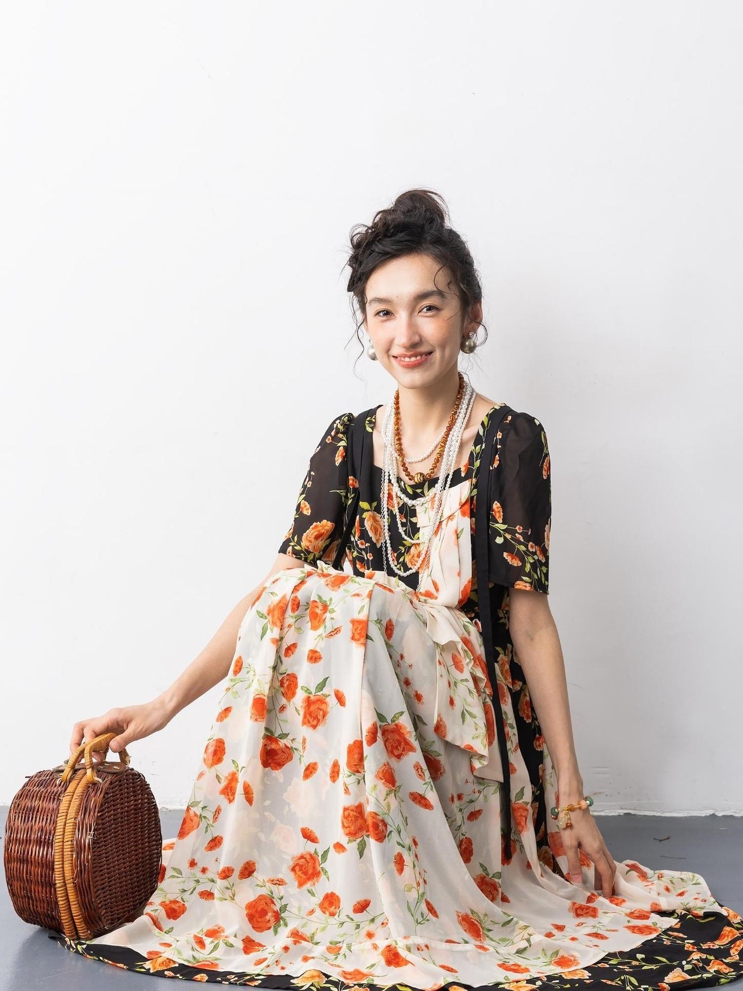 Sweet Mi Vintage Rose Chiffon Mini Dress