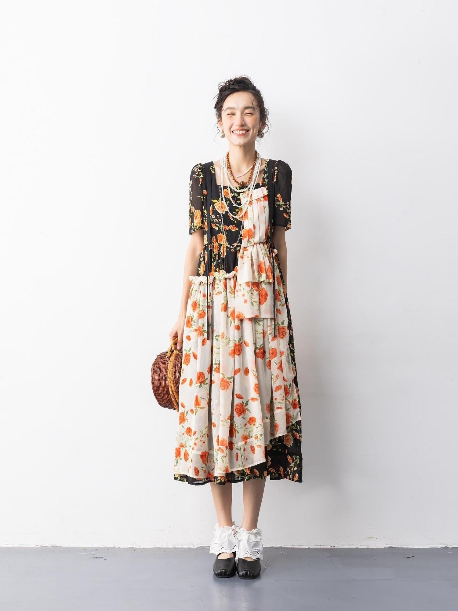 Sweet Mi Vintage Rose Chiffon Mini Dress