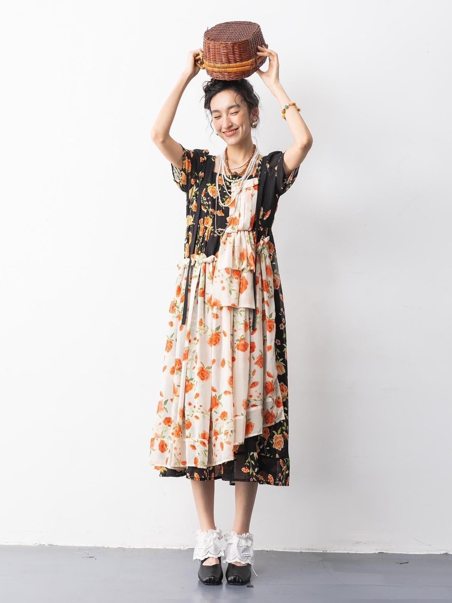 Sweet Mi Vintage Rose Chiffon Mini Dress